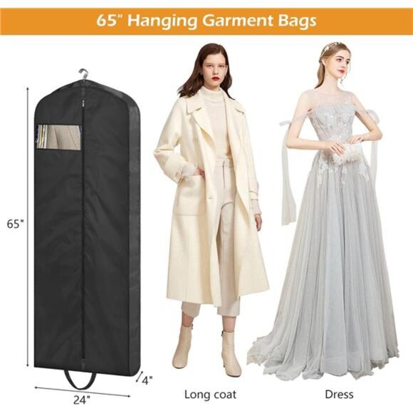 65 Inch Garment Bags 2 Pack Long Travel Dress Wedding Coat Suit Black Waterproof - Picture 3 of 7
